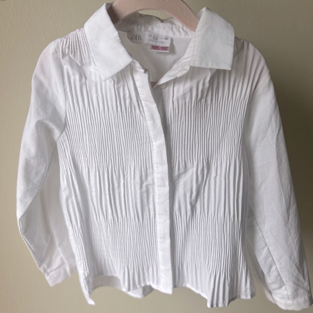Zara White Girls Pleated Button-Down Shirt
